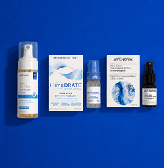 Three eye care products arranged on a blue background: an EyePromise tea tree eye cleanser bottle, a Heyedrate Clinical dry eye box with bottle and an Avenova Lid and Lash cleansing spray box with bottle.