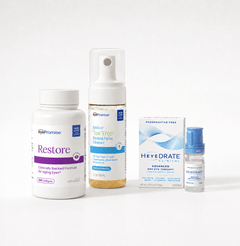 Collection of EyePromise eye care products including two bottles, a box, and a small eye drop bottle on a white background.