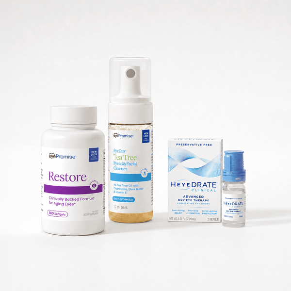 Collection of EyePromise eye care products including two bottles, a box, and a small eye drop bottle on a white background.