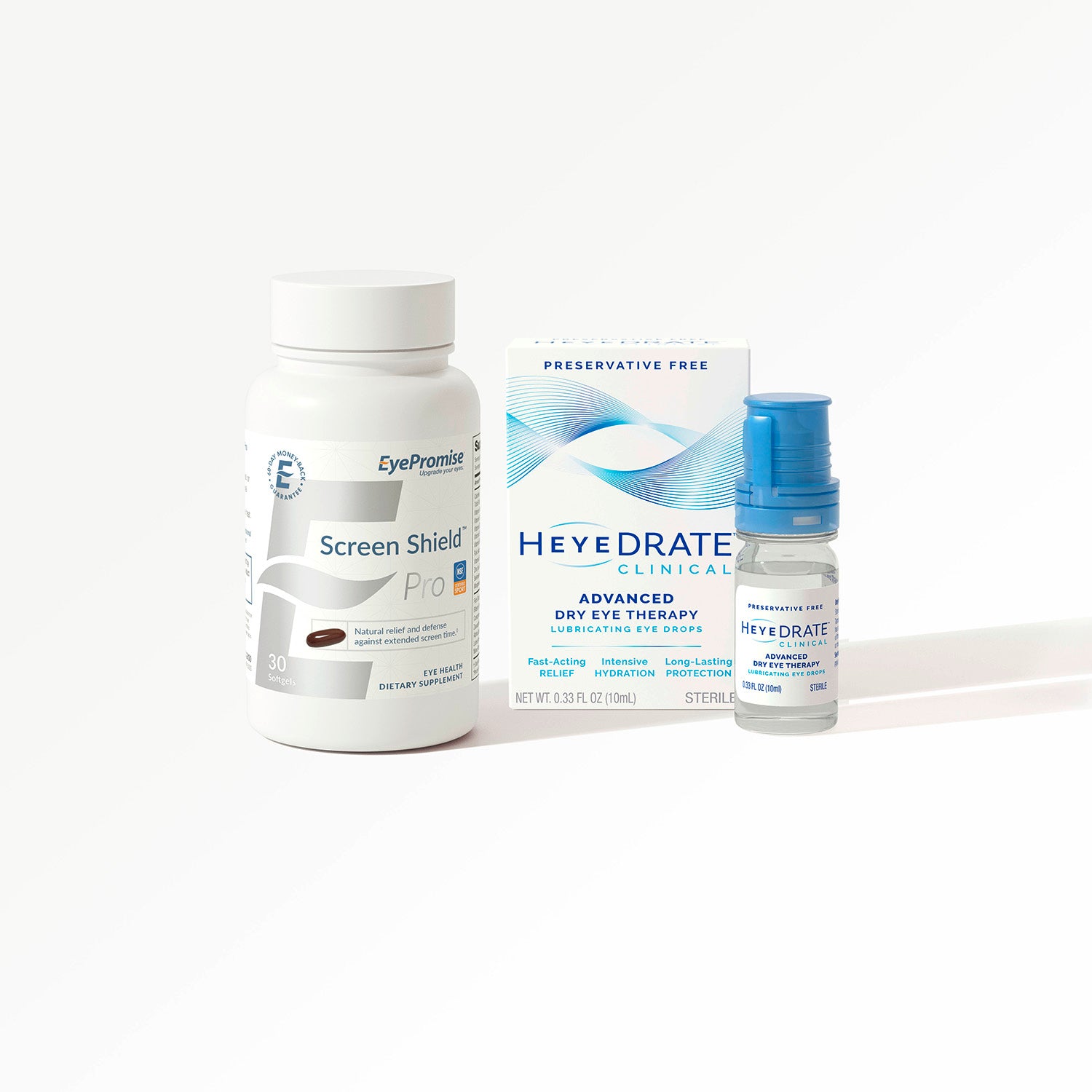 A bottle of Screen Shield Pro eye care supplement next to a bottle of Heyedrate Clinical eye drops on a white background