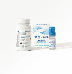 A bottle of Screen Shield Pro eye care supplement next to a bottle of Heyedrate Clinical eye drops on a white background
