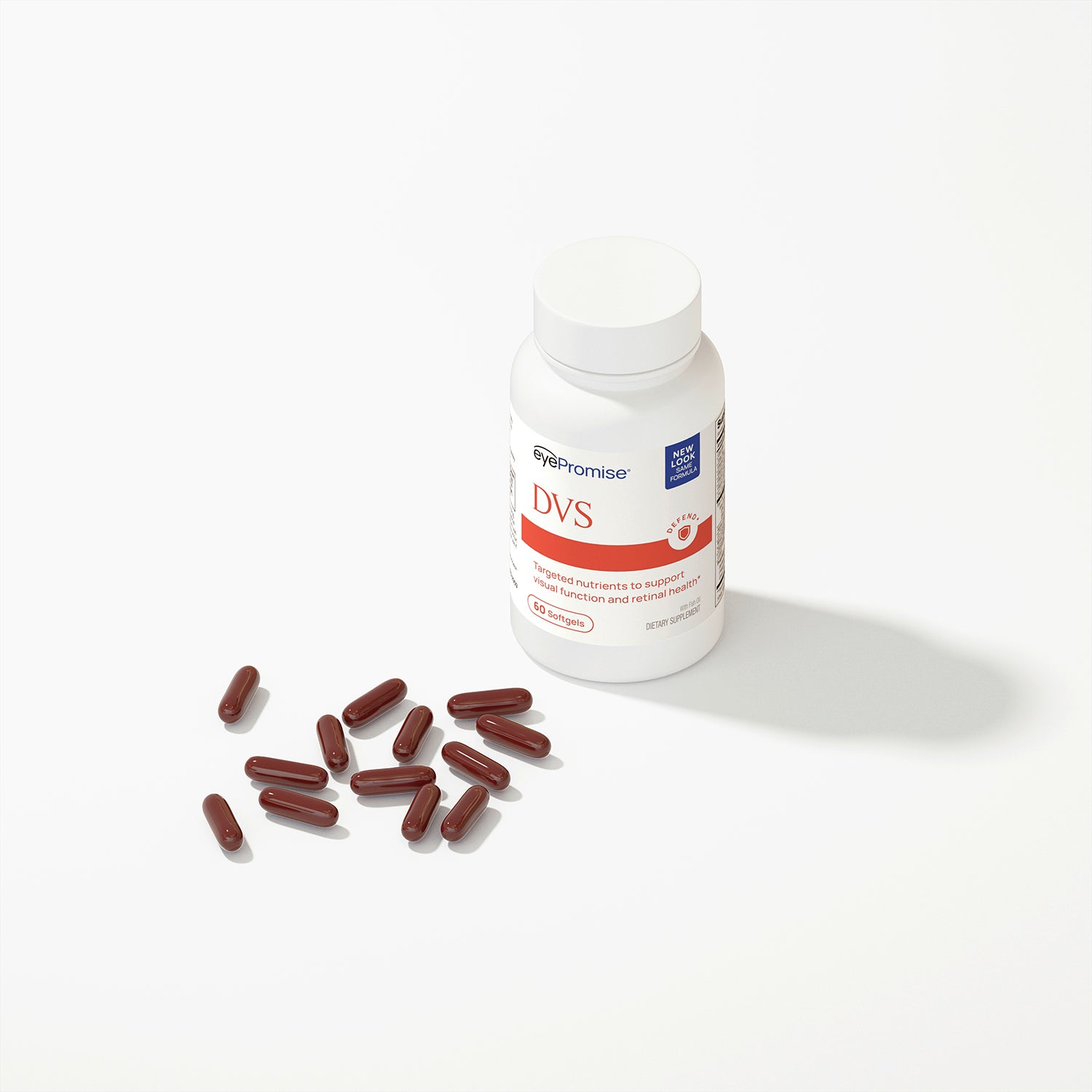 Bottle of EyePromise DVS supplements with capsules on a white background