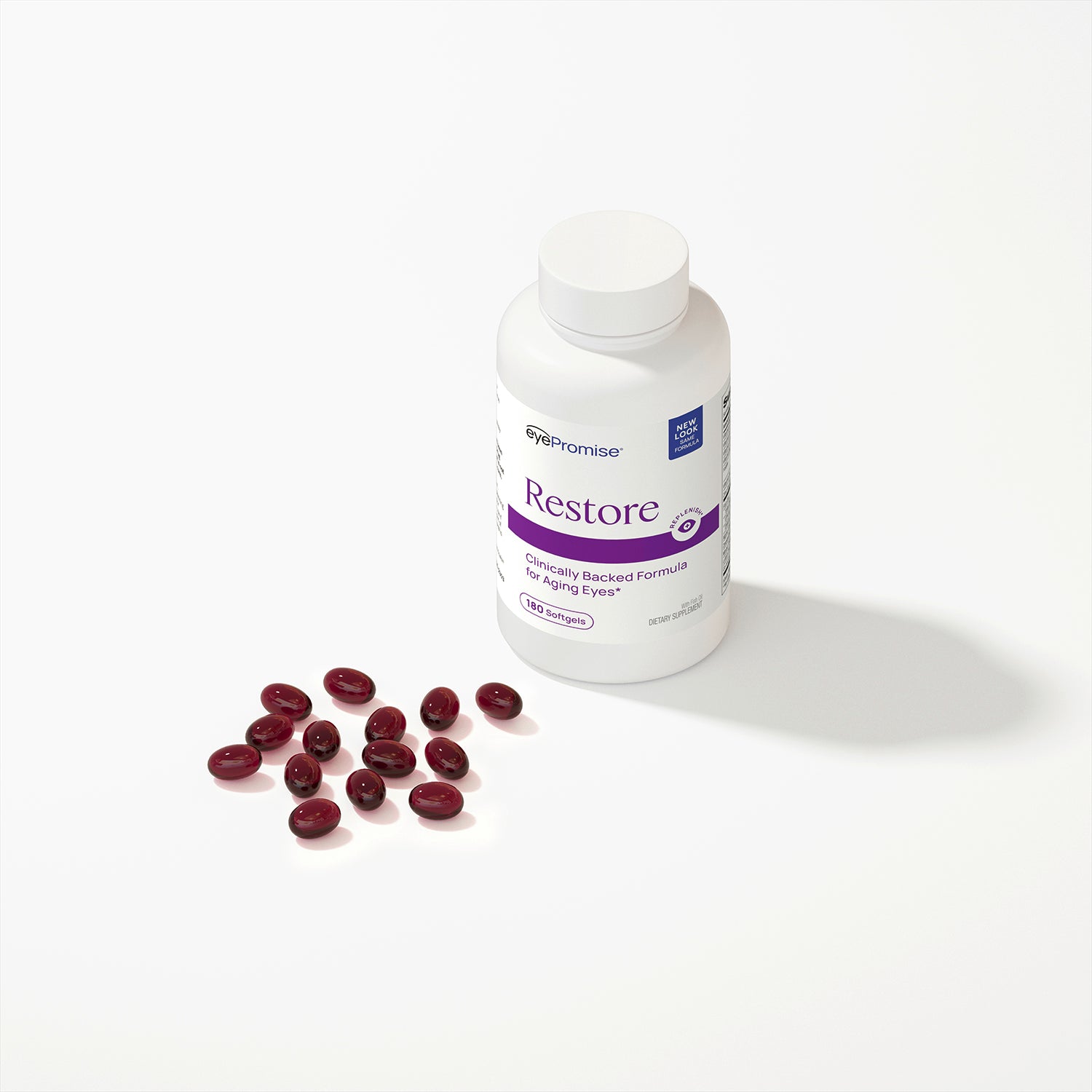 EyePromise Supplement bottle Restore with red capsules on a white background