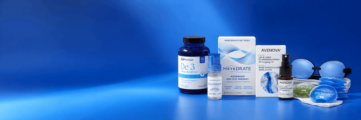 A group of eyecare products arranged on a blue studio background, including a dark blue bottle, a white box labeled Heyedrate, a small white bottle, a dropper bottle, and blue eye masks.