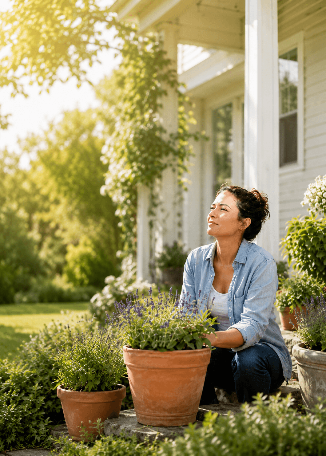 A woman in a light blue denim shirt and dark jeans kneels on a porch step in front of a white house, surrounded by potted green plants and lavender in terracotta pots.