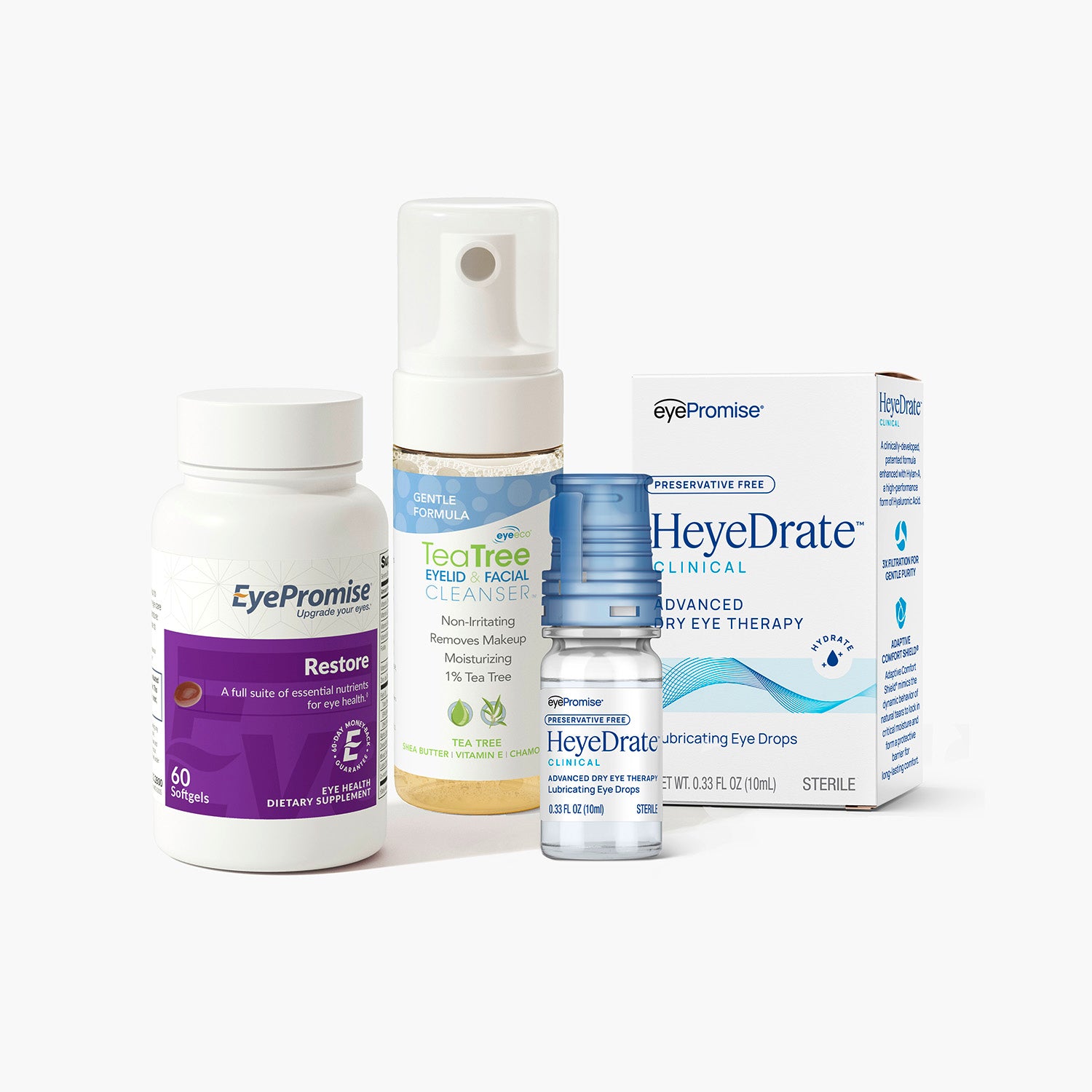 Collection of EyePromise eye care products including a bottle, a box, and a spray on a white background.