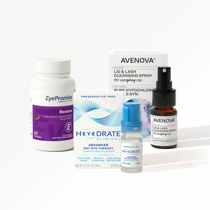 Collection of eye care products including EyePromise, Heydrate, and Avenova on a white background