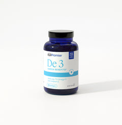 Blue supplement bottle labeled 'De 3' on a white background