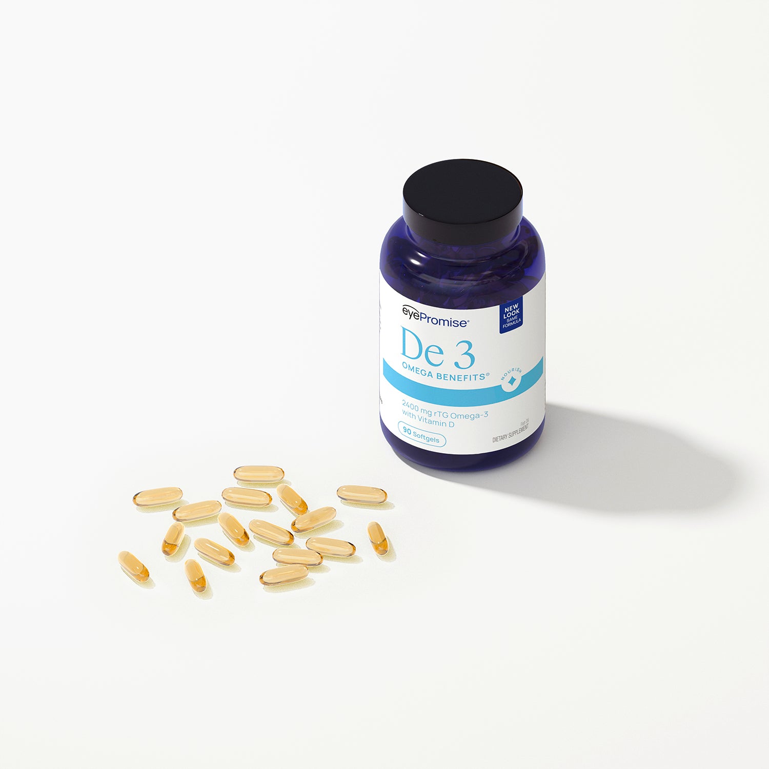 Blue supplement bottle labeled 'De 3' with scattered capsules on a white background