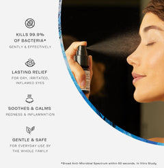 Product packaging with text highlighting features and a close-up of a person using the product.