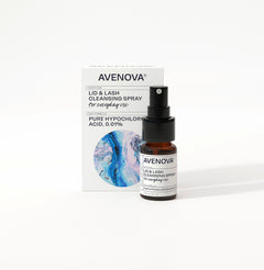 Avenova lip and lash cleansing spray bottle and packaging on a white background