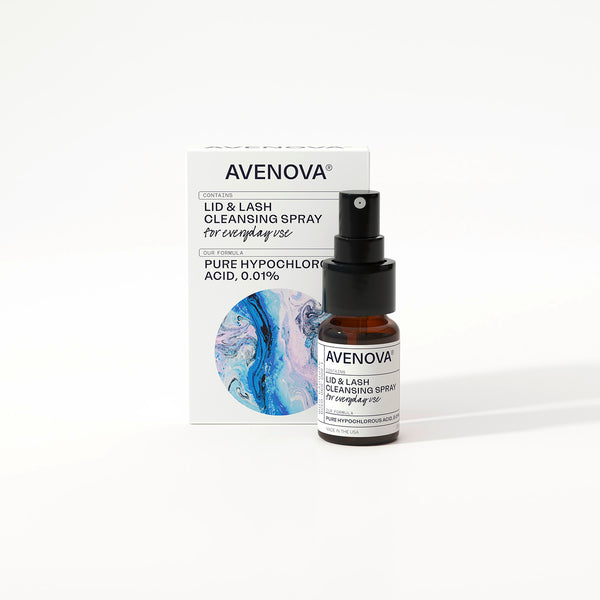 Avenova lip and lash cleansing spray bottle and packaging on a white background
