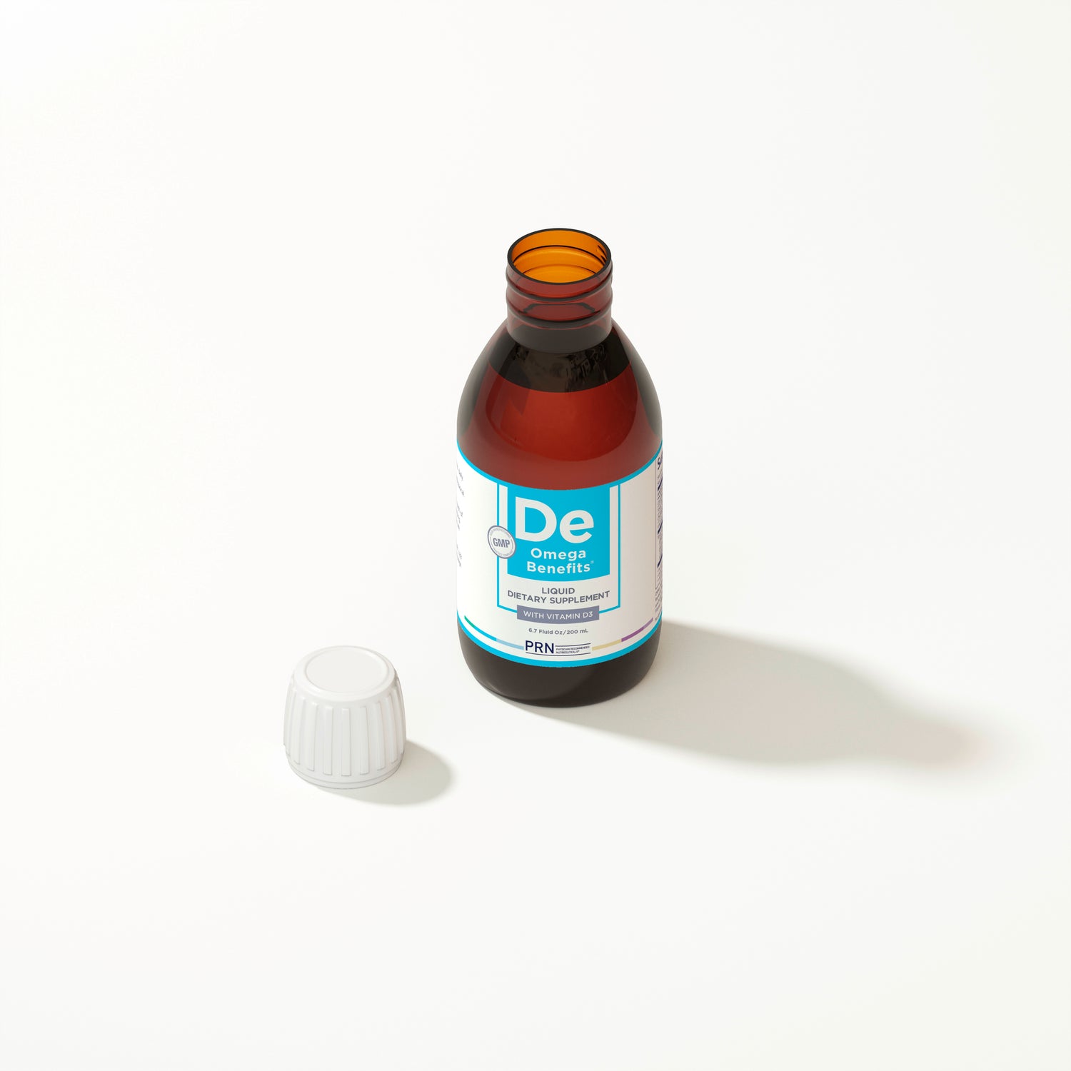Bottle of De Omega Benefits liquid supplement with a white cap on a light background