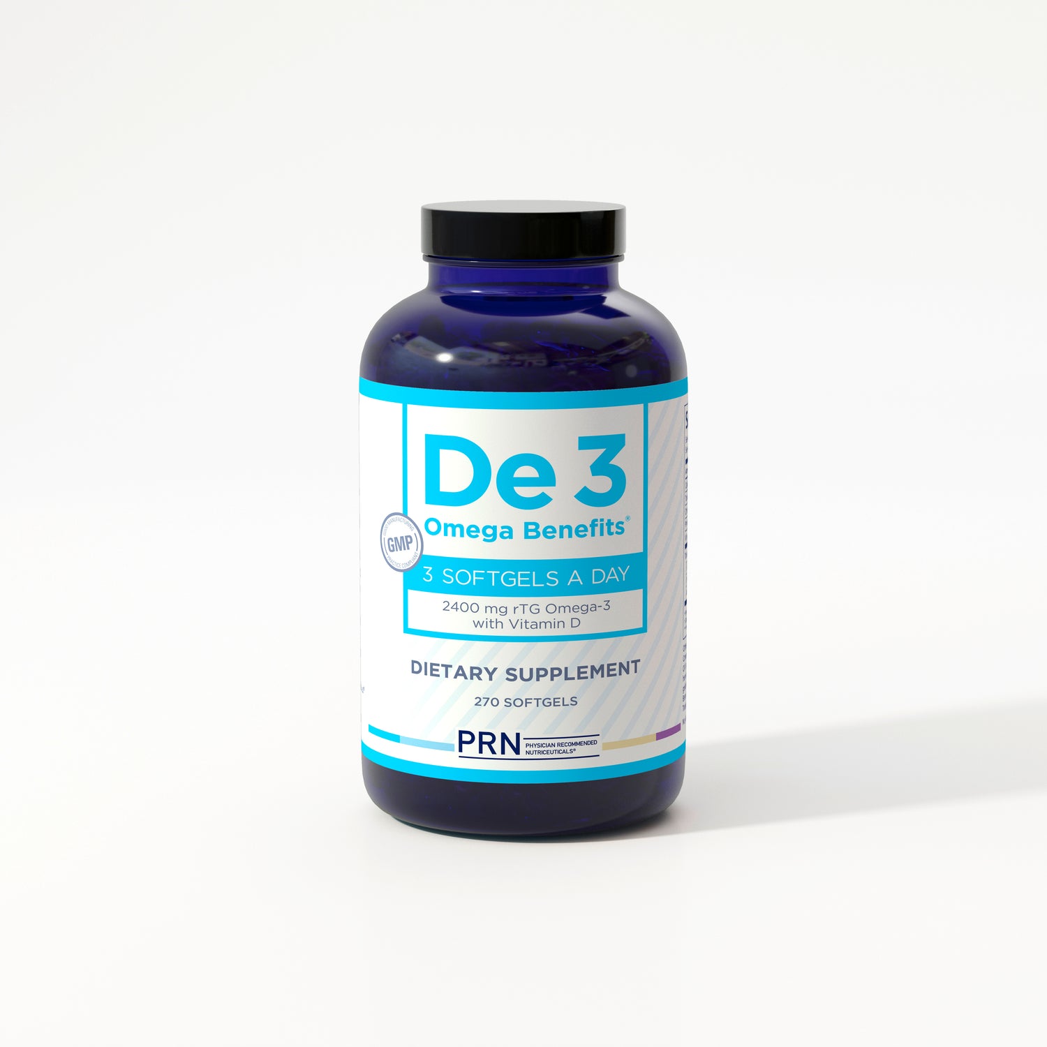 Supplement bottle labeled 'De3' on a white background