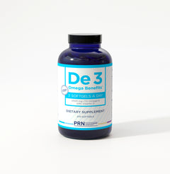 Supplement bottle labeled 'De3' on a white background