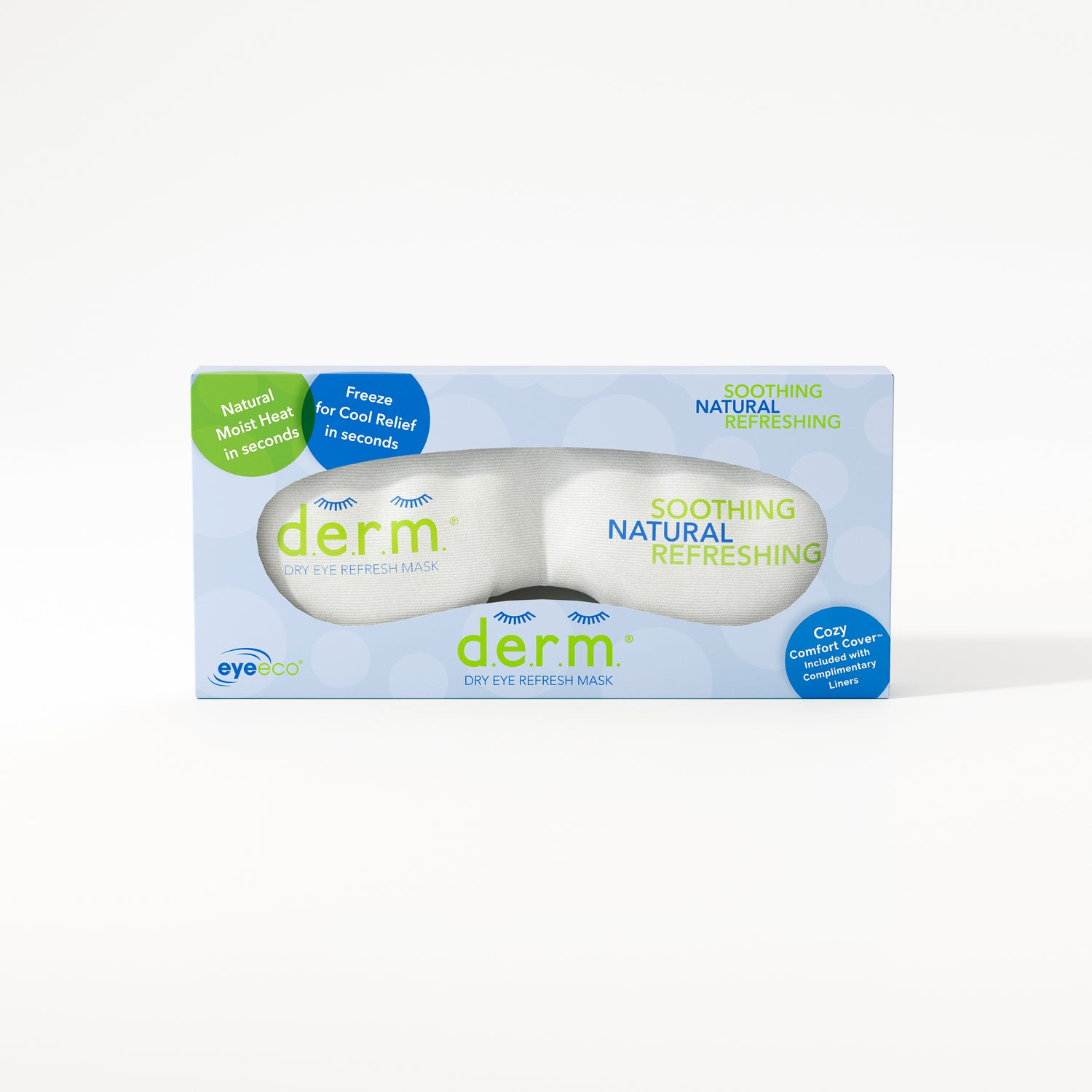 EyeCo Derm Mask Comfort Cover packaged eye mask on a white background