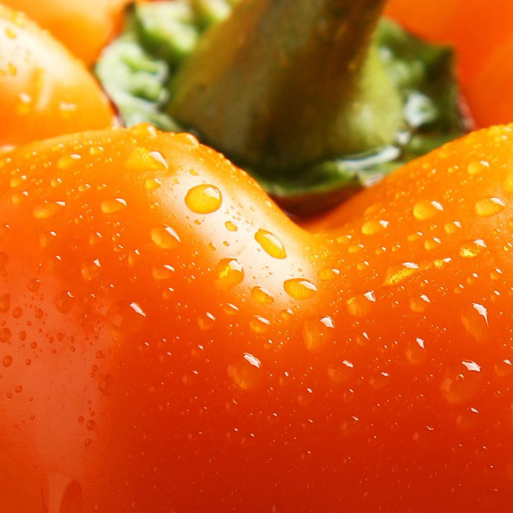 Close-up of a bright orange pepper with water droplets on its surface.